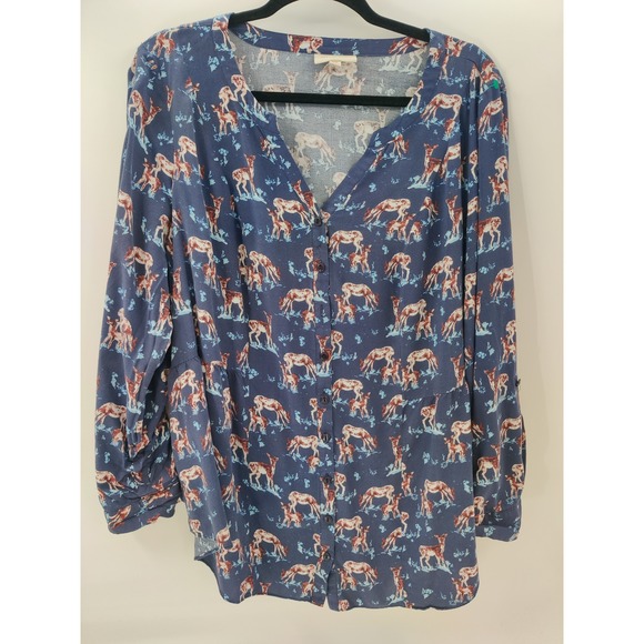 ModCloth Women's 2X Blue Deer Print Long Sleeve Button Down V-Neck Blouse Top - Picture 1 of 8